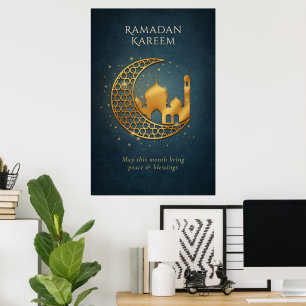 Poster Mosquée du croissant islamique élégant or marine R