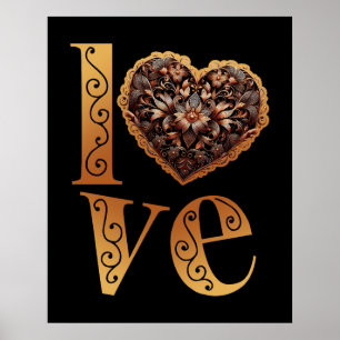 Poster Mot amour avec cœur rose filigrané romantique