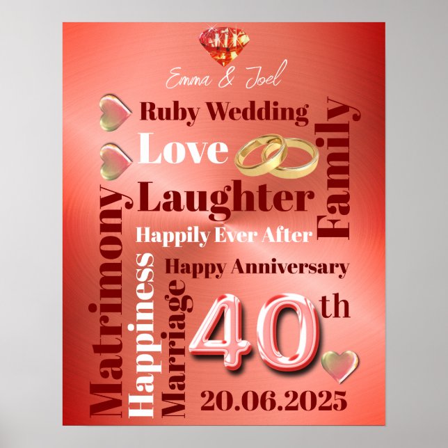 Poster Mot personnalisé Art 40e anniversaire mariage (Devant)