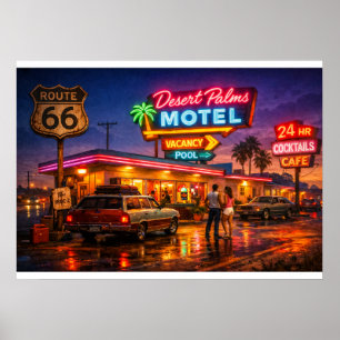Poster Motel Desert Palms Route 66 Lumineux