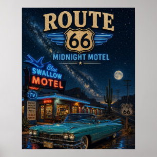Poster Motel Route 66 Midnight Blue Swallow Vintage Rétro
