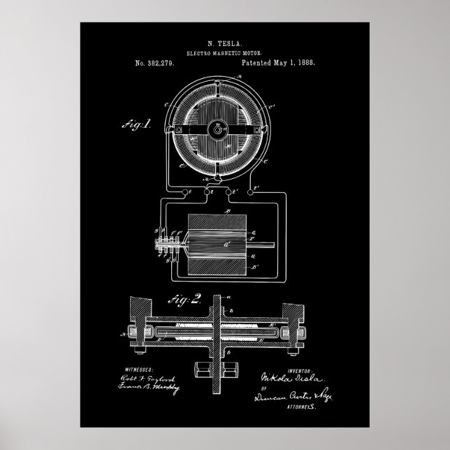 Poster Moteur électrique magnétique Tesla 1888 Brevet (Devant)