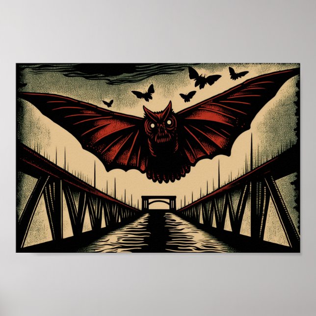 Poster Mothman and Bridge Éffrayant Wohcut Art Imprimer (Devant)