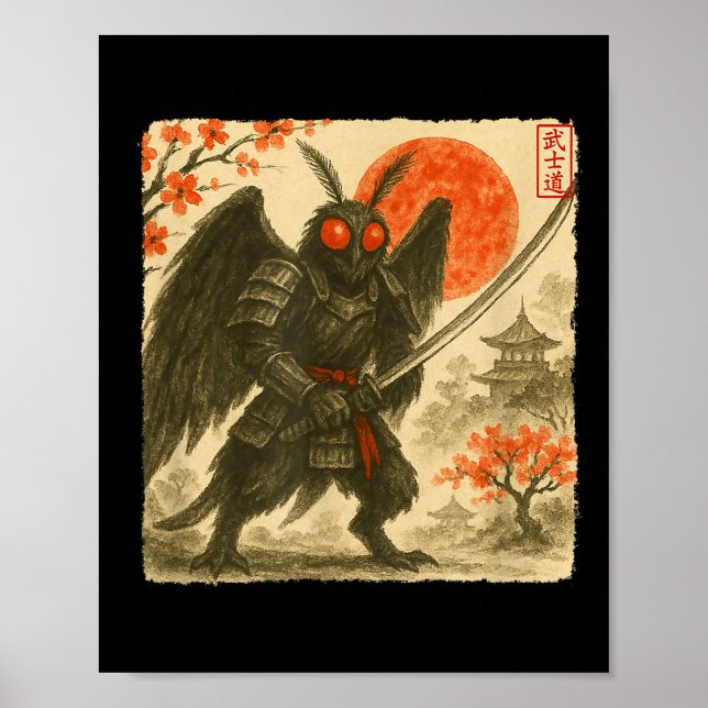 Poster Mothman Samurai Japanese Warrior Costume Sumi-e Ar (Devant)
