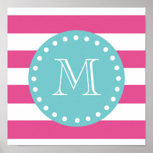 Poster Motif blanc de rayures de roses indien, monogramme