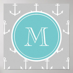 Poster Motif d'Ancres blanches grises, Monogramme Turquoi