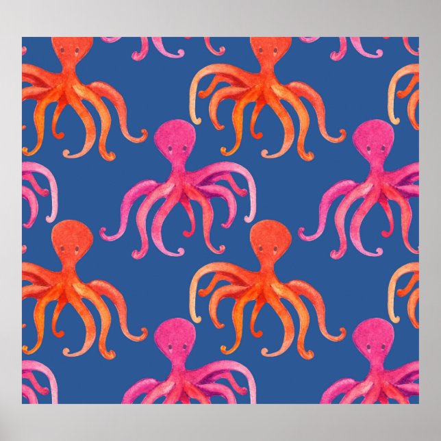 Poster Motif d'aquarelle octopus de dessin coloré (Devant)