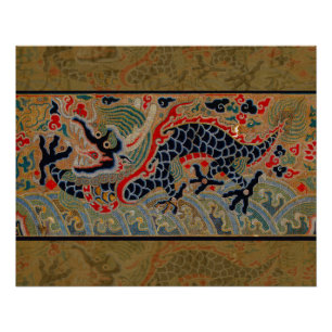 Poster Motif de broderie en soie de dragon chinois antiqu