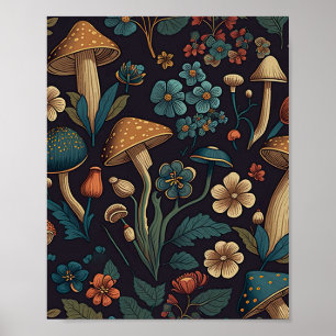 Poster Motif de champignons et de fleurs 1