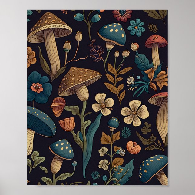 Poster Motif de champignons et de fleurs 2 (Devant)