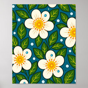 Poster Motif de fleurs blanches crémeuses avec des feuill