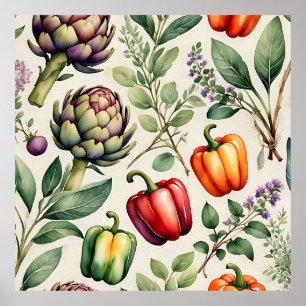 Poster Motif de jardin potager à l'aquarelle