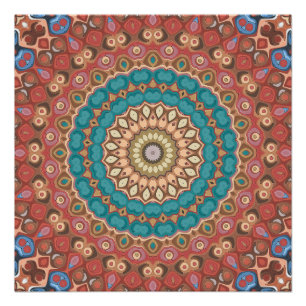 Poster Motif de mandala géométrique Turquoise et Terracot