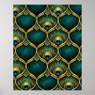 Poster Motif de plume de paon orné en émeraude et or