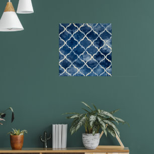 Poster Motif de tuiles arabesques - Mur géométrique bleu