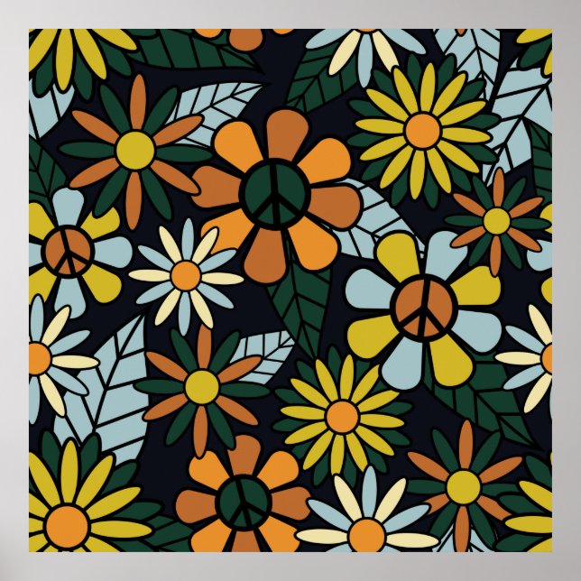 Poster Motif des fleurs hippies rétro des années 70 - Vin (Devant)