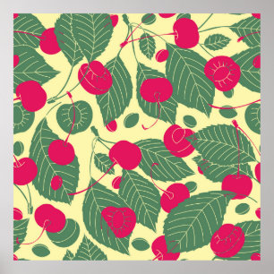 Poster Motif d'été de couleur vive avec cerises. Grappe