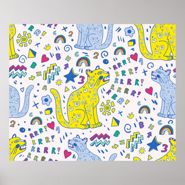 Poster motif enfantin avec tigre, lettres, arc-en-ciel, n (Devant)
