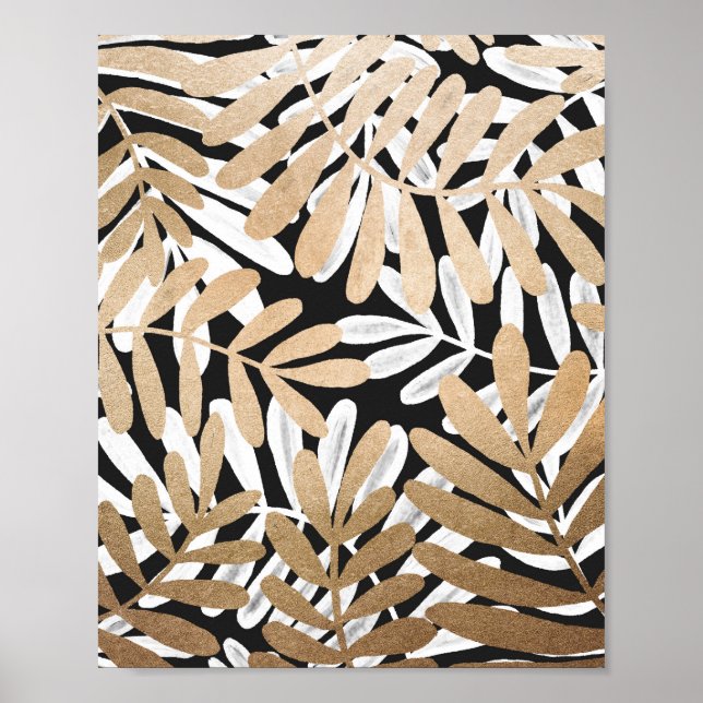 Poster Motif Feuille d'aquarelle blanche en or peint (Devant)