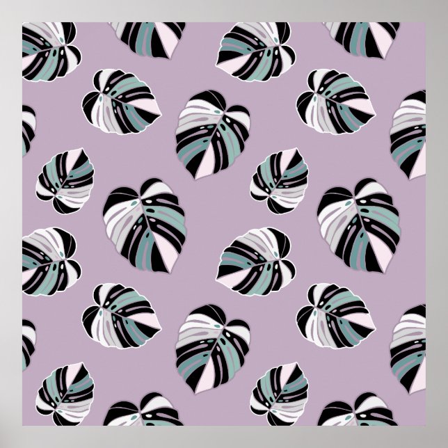Poster Motif feuille de Monstera - vert pourpre noir blan (Devant)