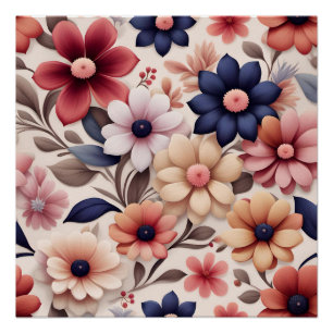 Poster Motif fleurs et feuilles gras rose