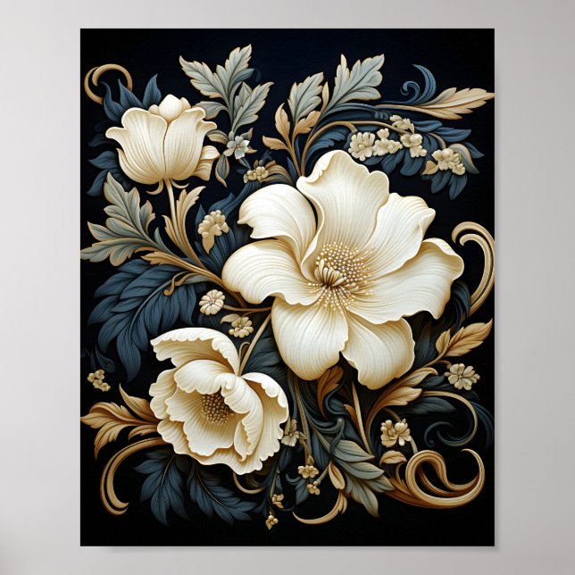 Poster Motif Floral Arrière - plan noir Belles Fleurs (Devant)