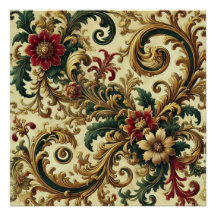 Motif floral baroque avec or, rouge, vert A