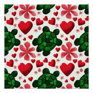 Poster Motif Floral de Tortue Mignonne   Fleurs Rouges Cœ