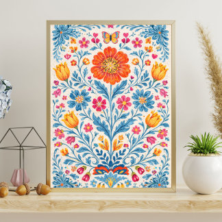Poster Motif floral folklorique coloré avec papillon