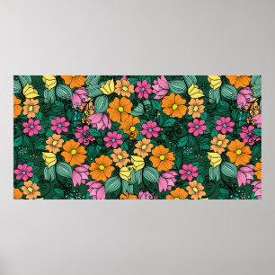 Poster motif floral lumineux sur fond vert. Vinta