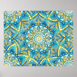 Poster Motif floral Mandala jaune bleu turquoise