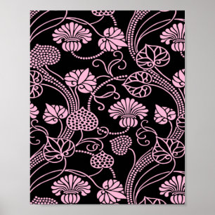 Poster Motif floral rétro rose sur noir