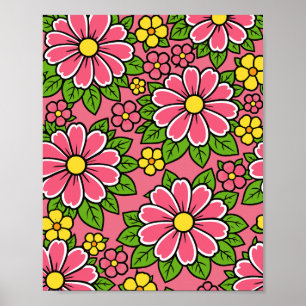 Poster Motif floral rose et jaune avec feuilles vertes