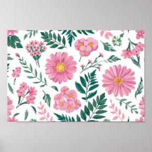 Poster Motif floral rose vibre avec verdure luxuriante