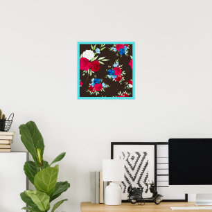 Poster Motif floral rouge bleu élégant sur fond brun fonc