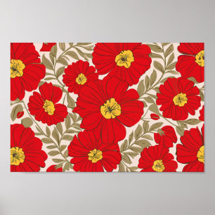 Poster Motif floral rouge vibre avec Feuilles vert olive