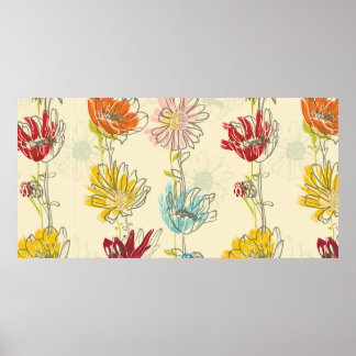 Poster Motif Floral sans couture avec fleurs dessinées à 