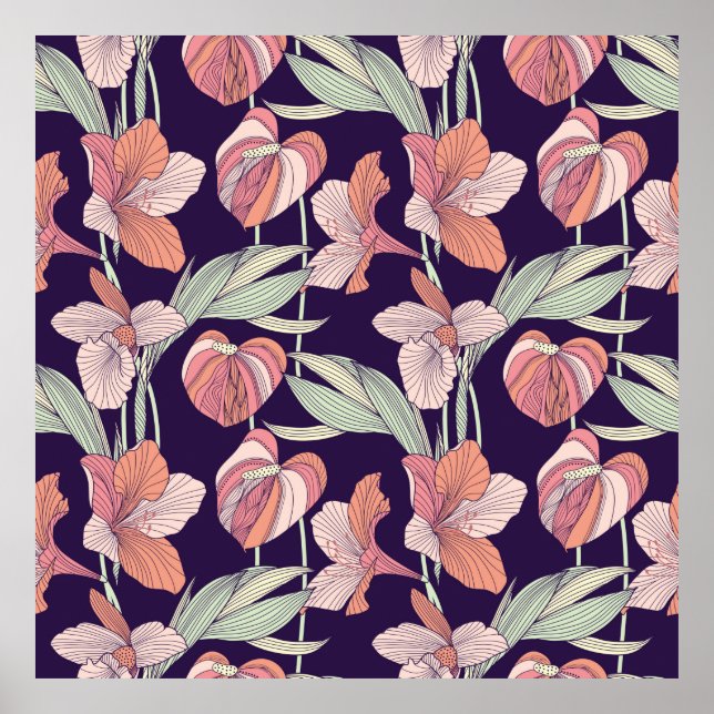 Poster Motif floral sans couture, fleur, orchidée, modern (Devant)