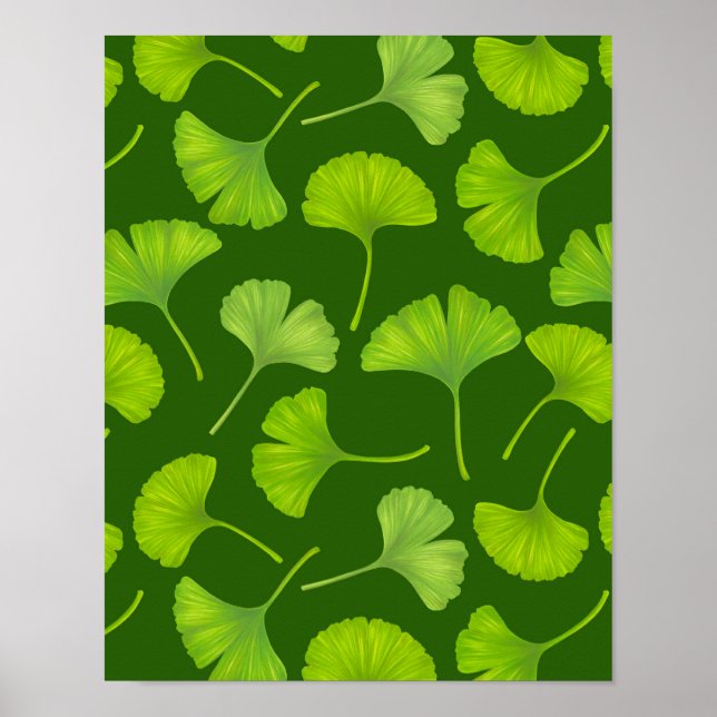 Poster Motif Ginkgo sur vert foncé (Devant)