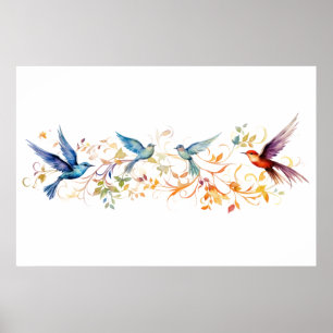 Poster Motif graphique volant oiseaux