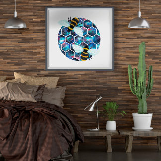 Poster Motif hexagone de galaxie aquarelle avec deux abei