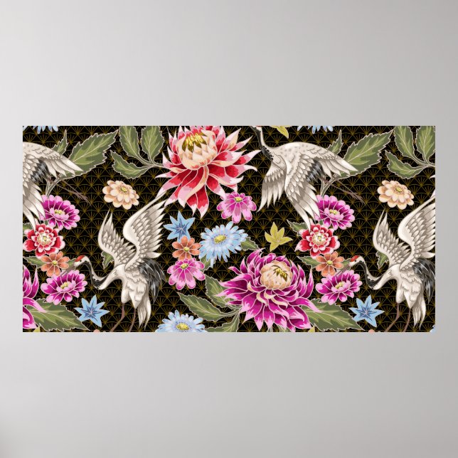Poster Motif japonais avec fleurs et grues blanches (Devant)