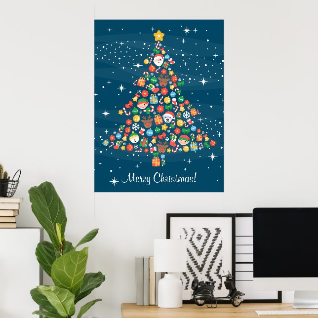 Poster Motif joyeux d'arbre de Noël en bleu (Bureau à domicile)