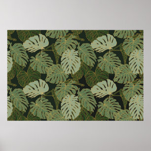 Poster Motif monstera vert kaki et or sans couture