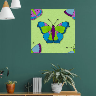 Poster Motif Papillon Patchwork sur Fond Vert