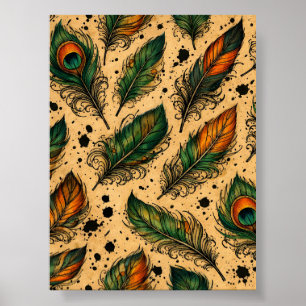 Poster Motif plumes de paon bohème