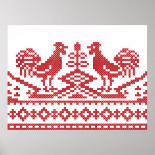 Poster Motif russe de la croix des Roosters rouges