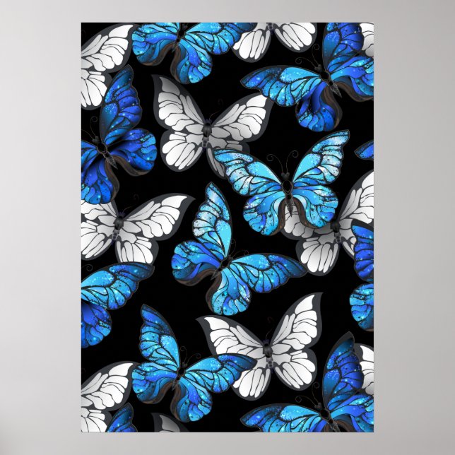 Poster Motif sans couleur foncée avec papillons bleus Mor (Devant)