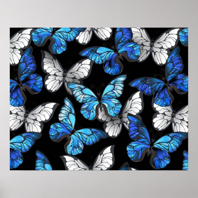 Poster Motif sans couleur foncée avec papillons bleus Mor (Devant)