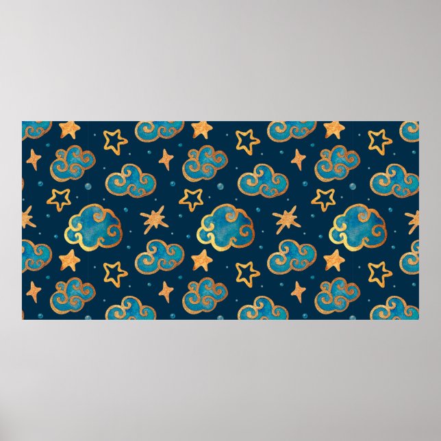 Poster Motif sans couture à l'aquarelle avec la lune, les (Devant)